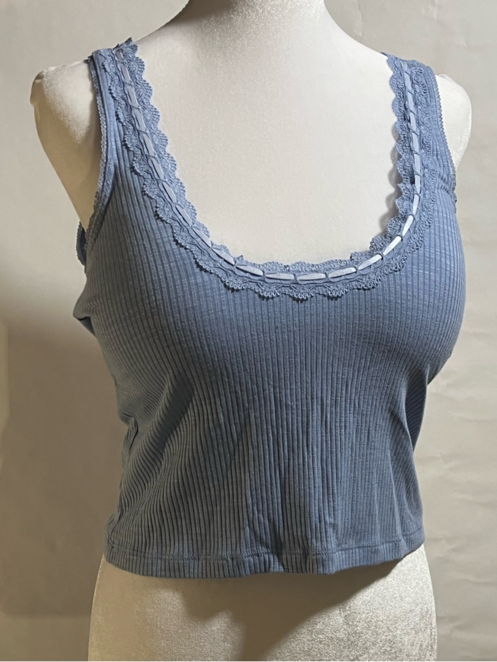 aerie Ribbed Lace-Trim Cropped Camisole - Dusty Blue